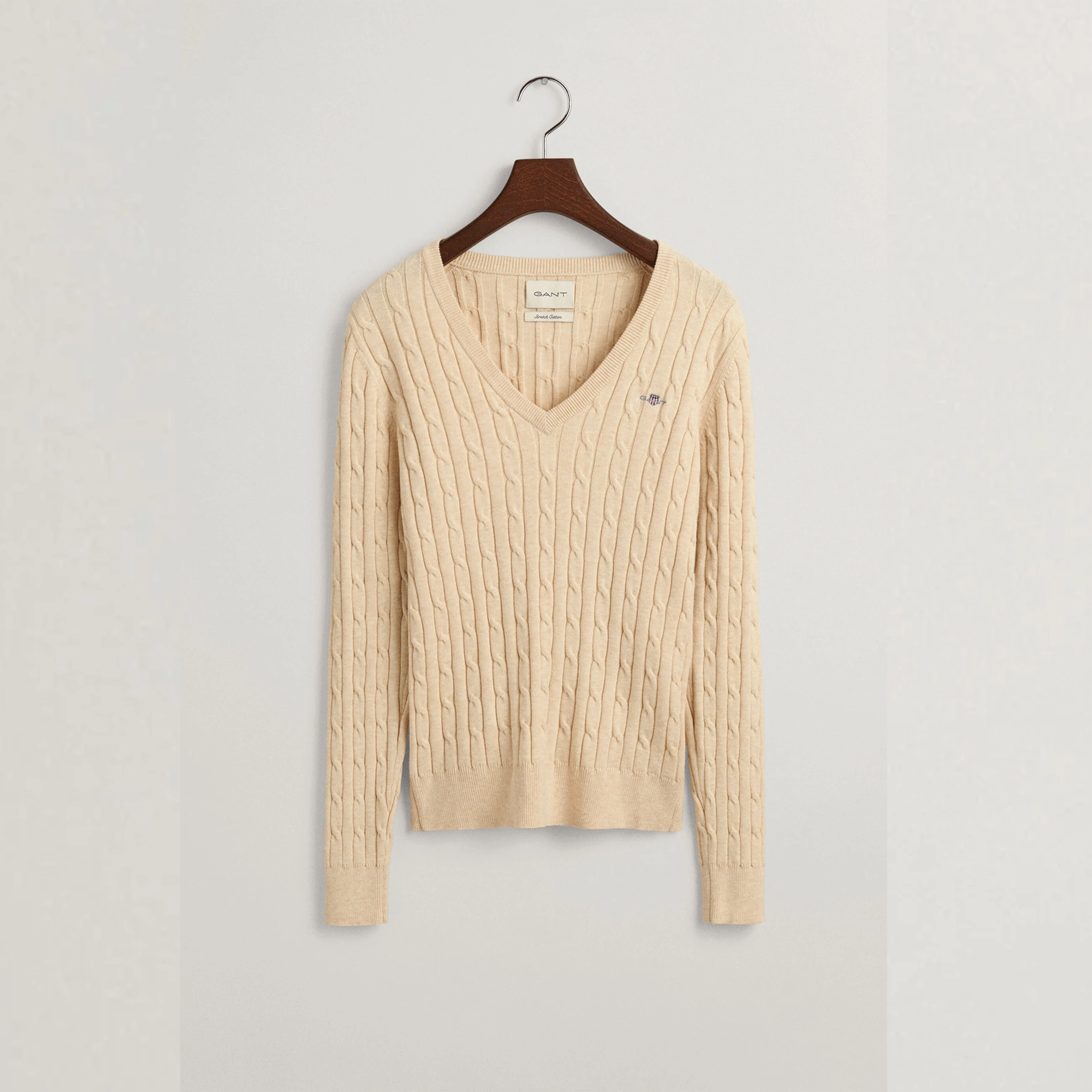 GANT Stretch Cotton Cable Knit V-Neck Sweater | Cream
