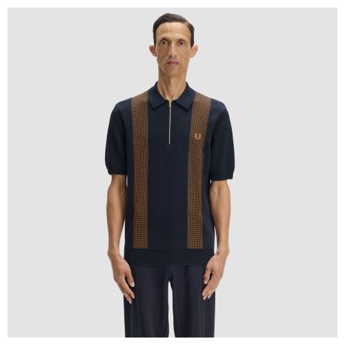 Men's Fred Perry Panel Detail Knitted Polo Shirt - Navy | Kular
