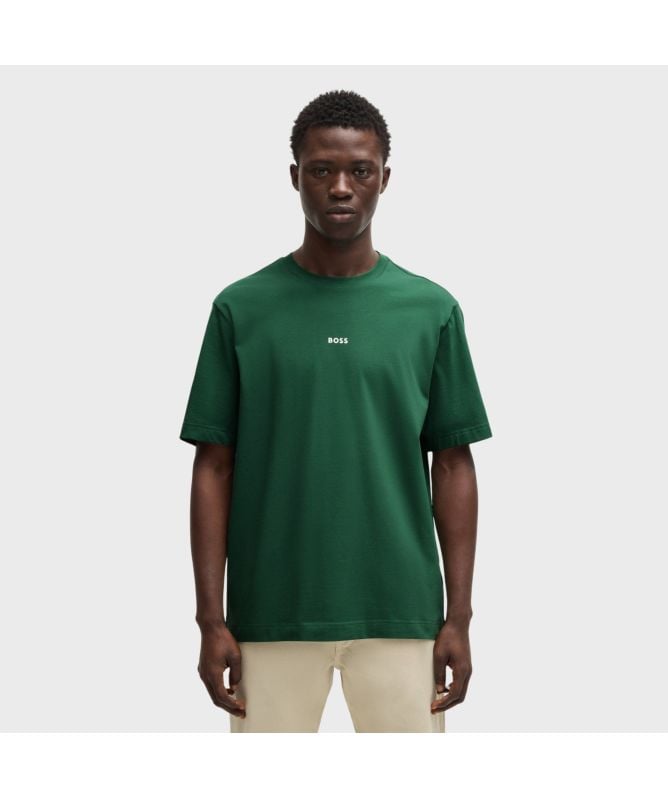 Tシャツ・カットソー BOSS Men T-shirt Green 50473278 343 BOSS Relaxed-Fit T-Shirt In Stretch Cotton With Logo Print