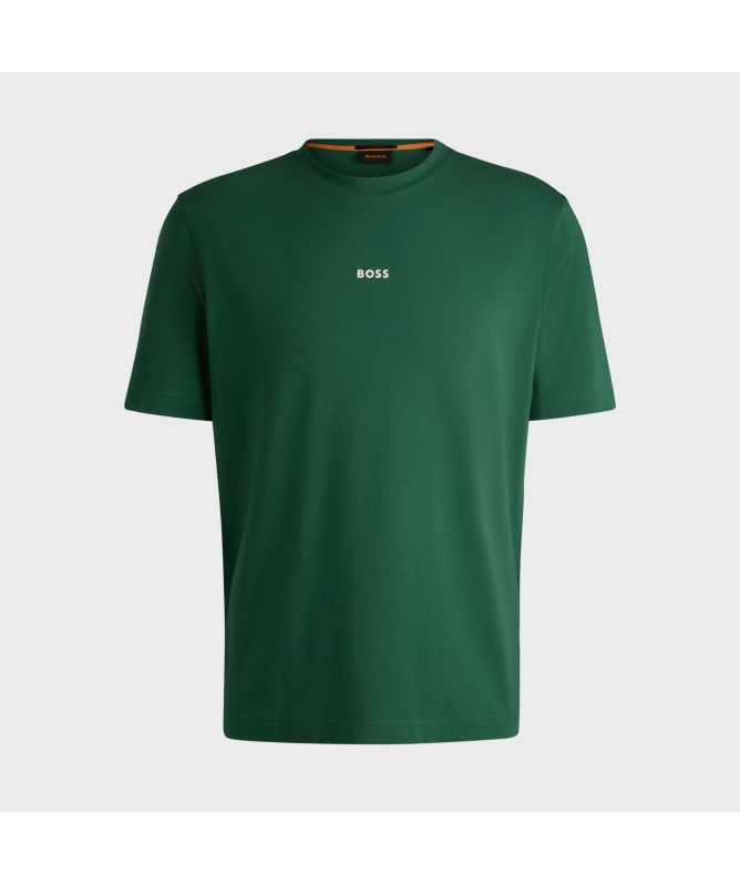 Tシャツ・カットソー BOSS Men T-shirt Green 50473278 343 BOSS Relaxed-Fit T-Shirt In Stretch Cotton With Logo Print