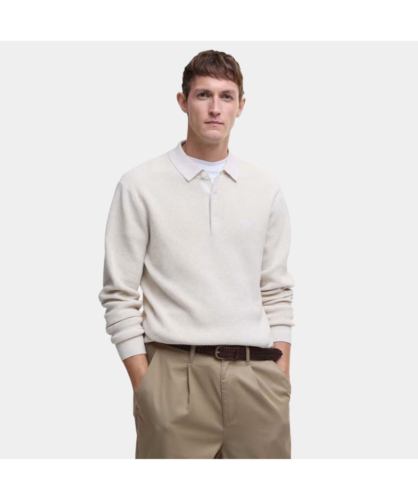 Barbour Holt Waffle Knitted Long Sleeve Polo Shirt Ecru