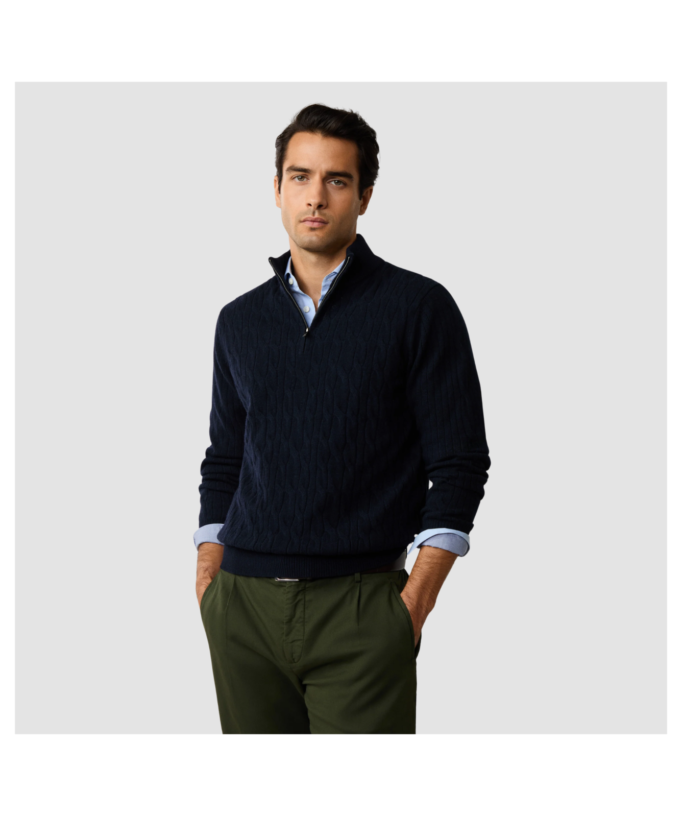 Hackett London Knitwear | Lambswool Cable Quarter Zip Jumper