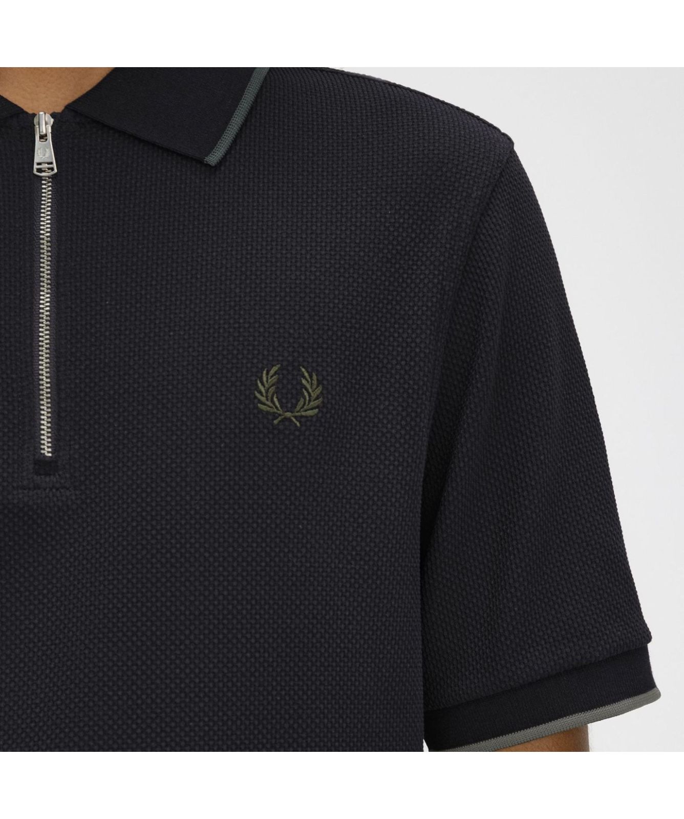 Fred Perry Textured Zip Neck Polo Shirt | Black - M9882-102, Sage 