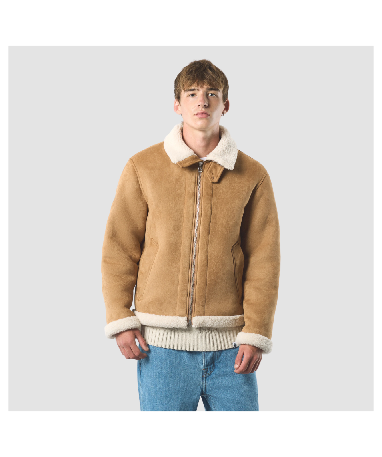 Pretty Green Aviator Jacket - Taupe Faux Shearling | Kular Fashion