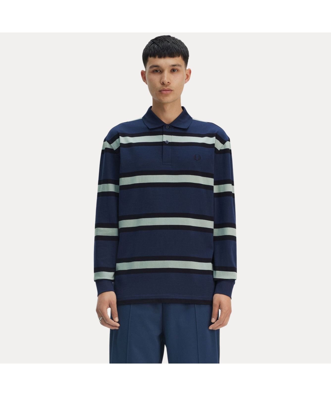 Fred Perry Long Sleeve Jersey Stripe Polo Shirt | Blue-M9849-X86 