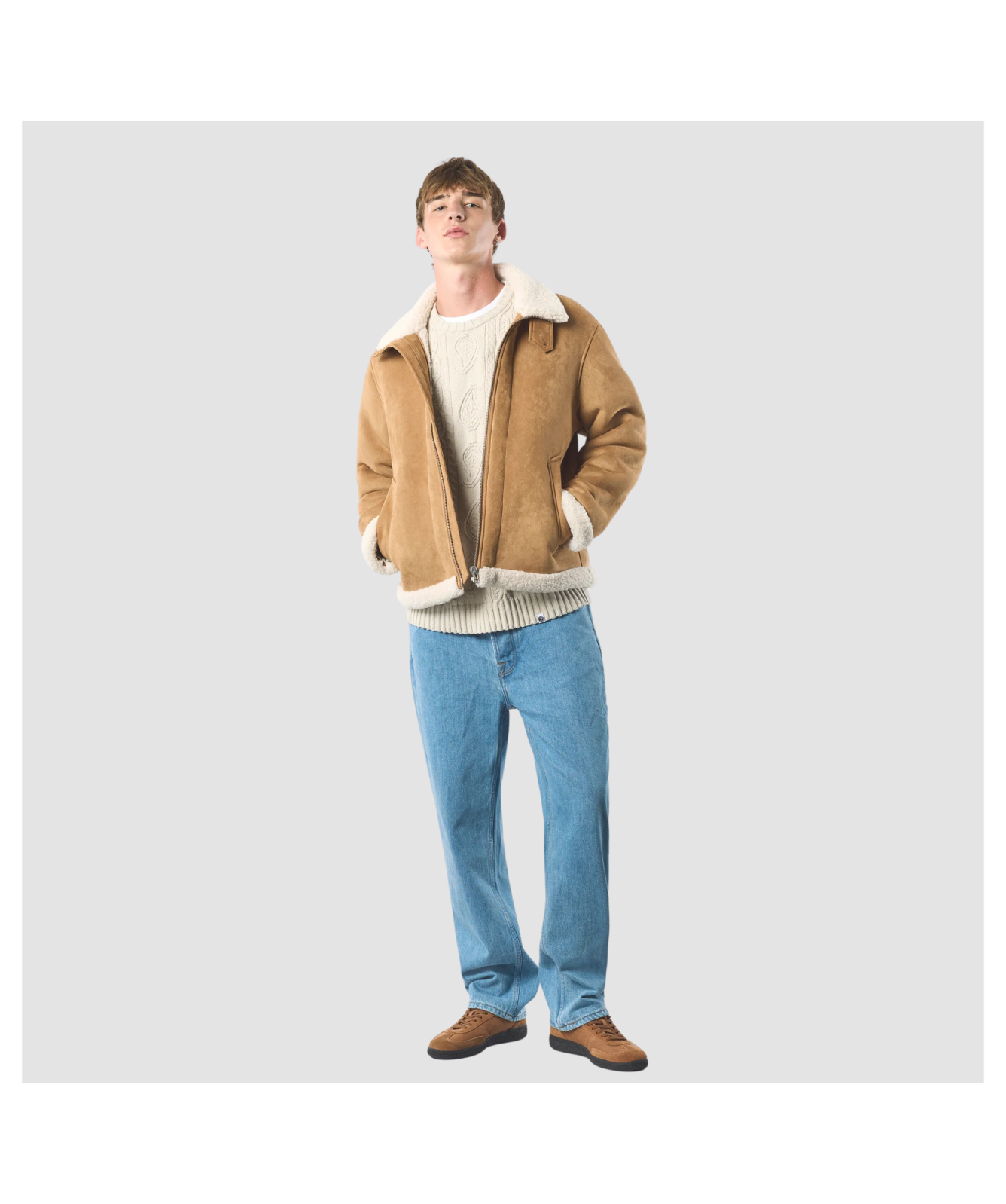 Pretty Green Aviator Jacket - Taupe Faux Shearling | Kular Fashion
