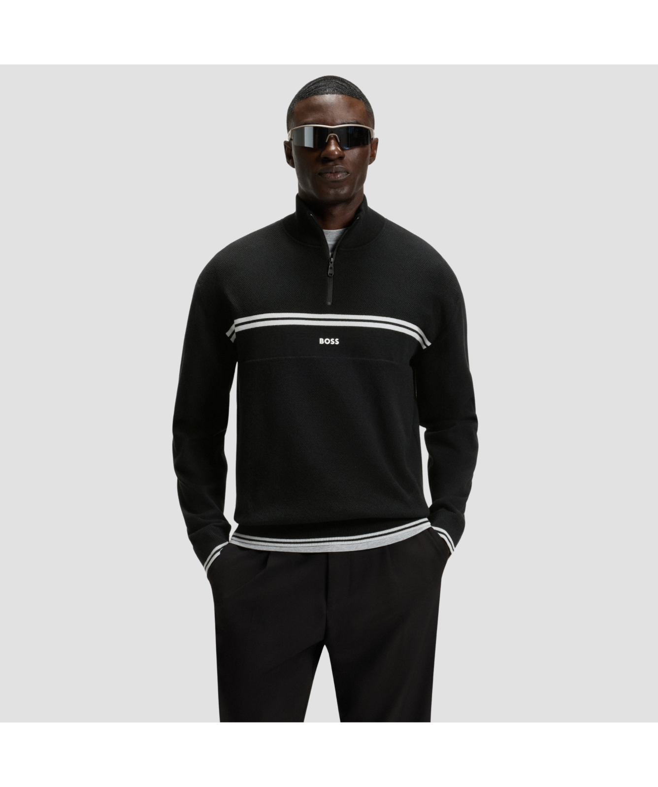 BOSS Zip-Neck Cotton-Blend Sweater With Stripe Details | Black