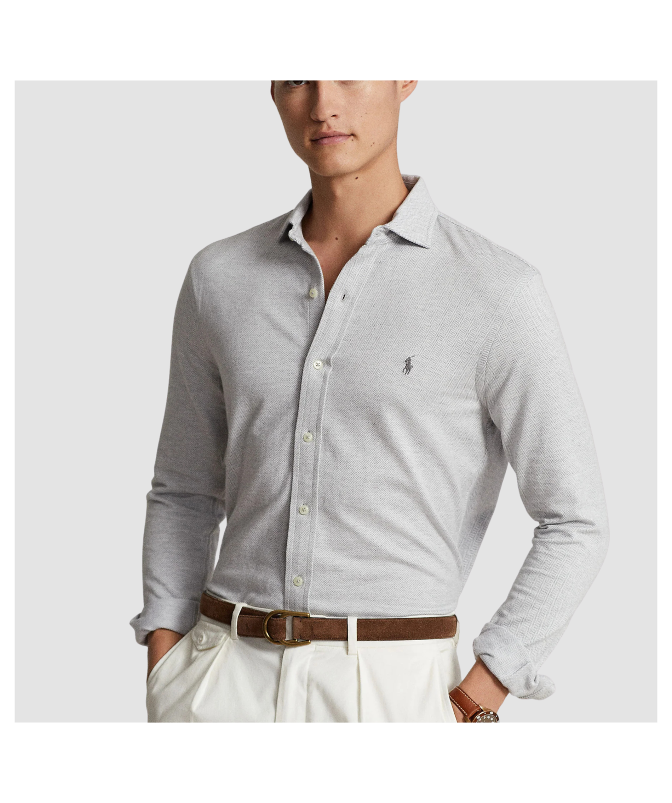 Polo Ralph Lauren Men's Herringbone Jacquard-Knit Shirt Grey