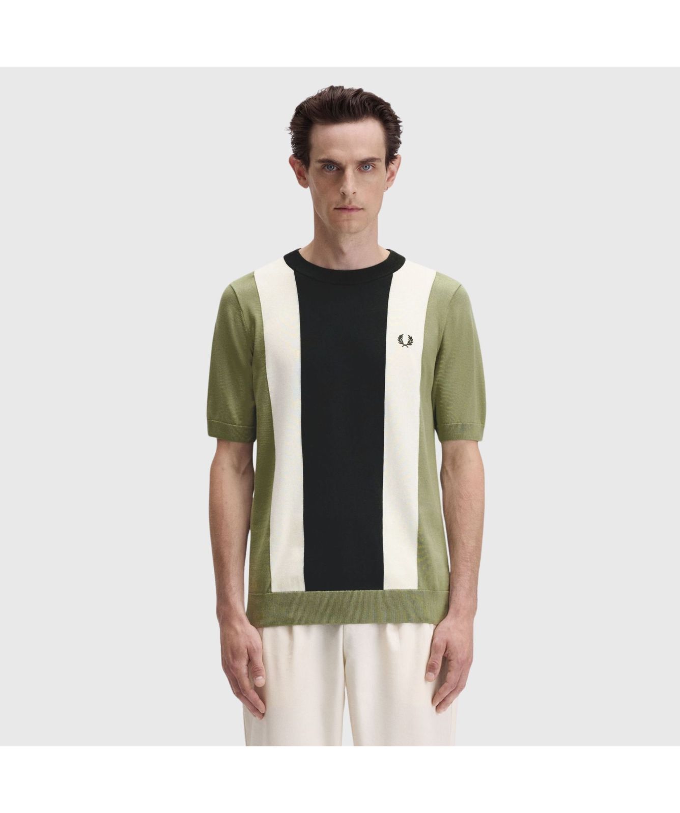 Fred Perry Vertical Stripe Knitted T-Shirt | Olive Mint - K9746