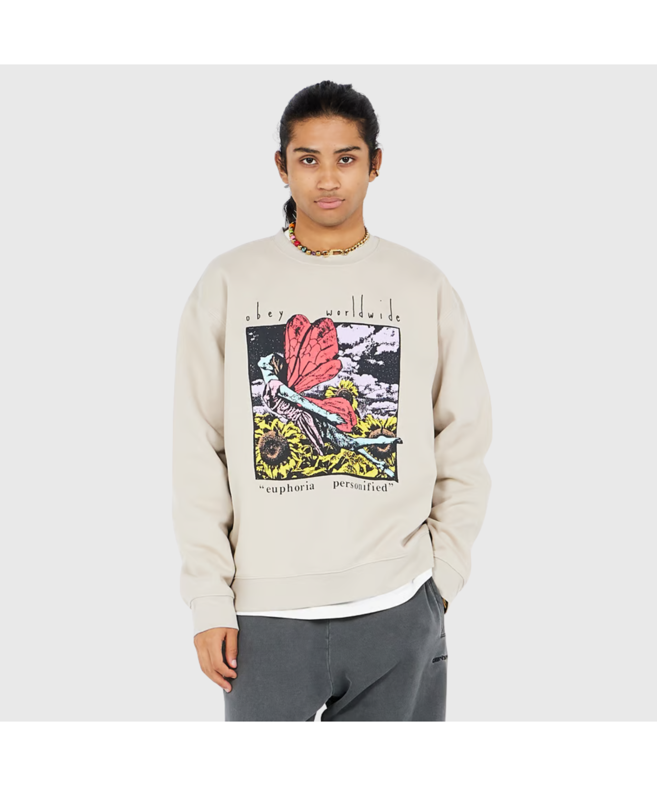 OBEY Euphoria Personified Crew Neck Sweatshirt | Beige - 112863557 