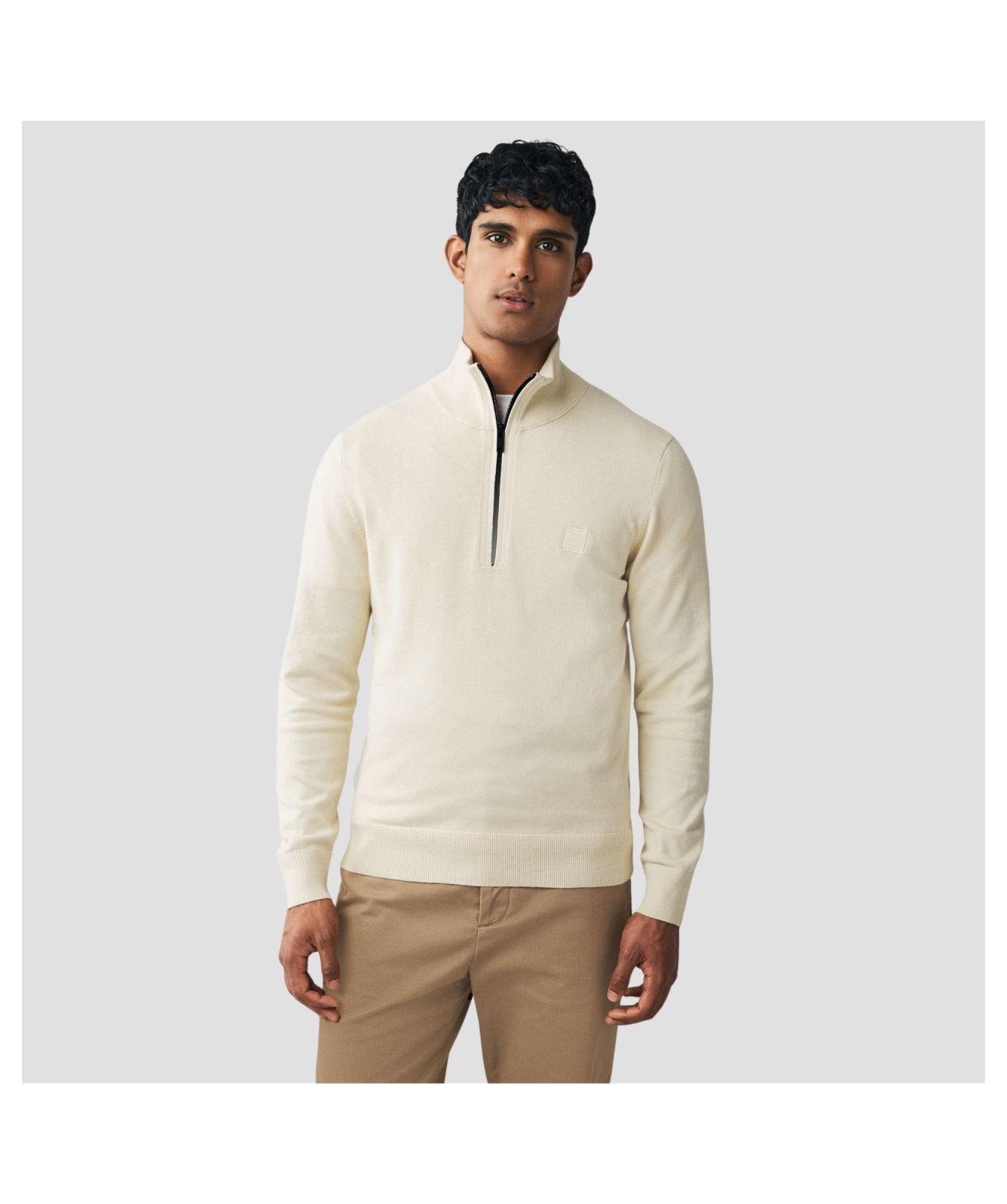 BOSS Logo-Patch Zip-Neck Sweater in Cotton and Cashmere | Black