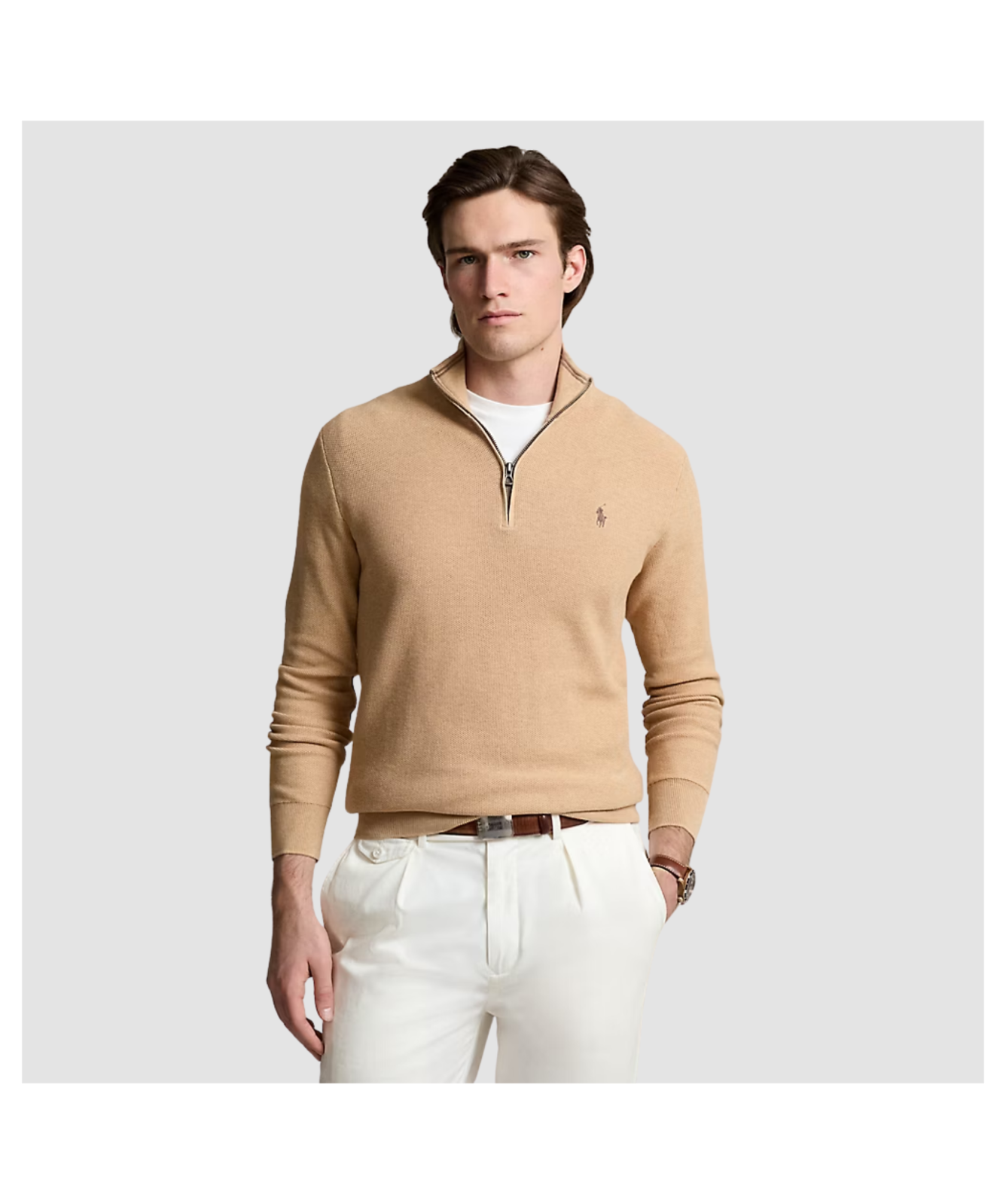 Polo Ralph Lauren Mesh-Knit Cotton Quarter-Zip Jumper - Beige