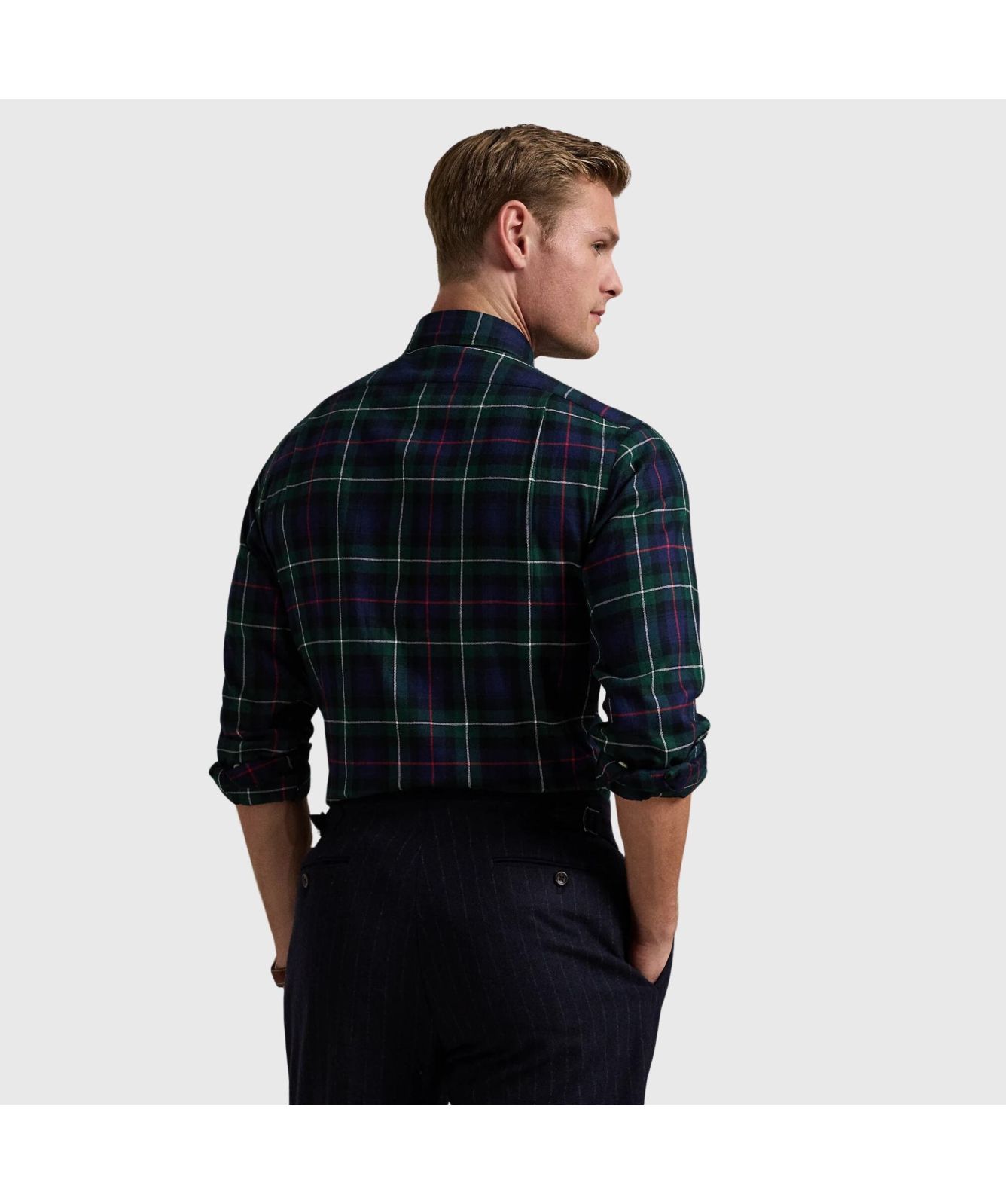 slim fit dress slacks Hunter Green and Red Tartan Cotton and Wool Blend Button-Down Shirt by main image 0