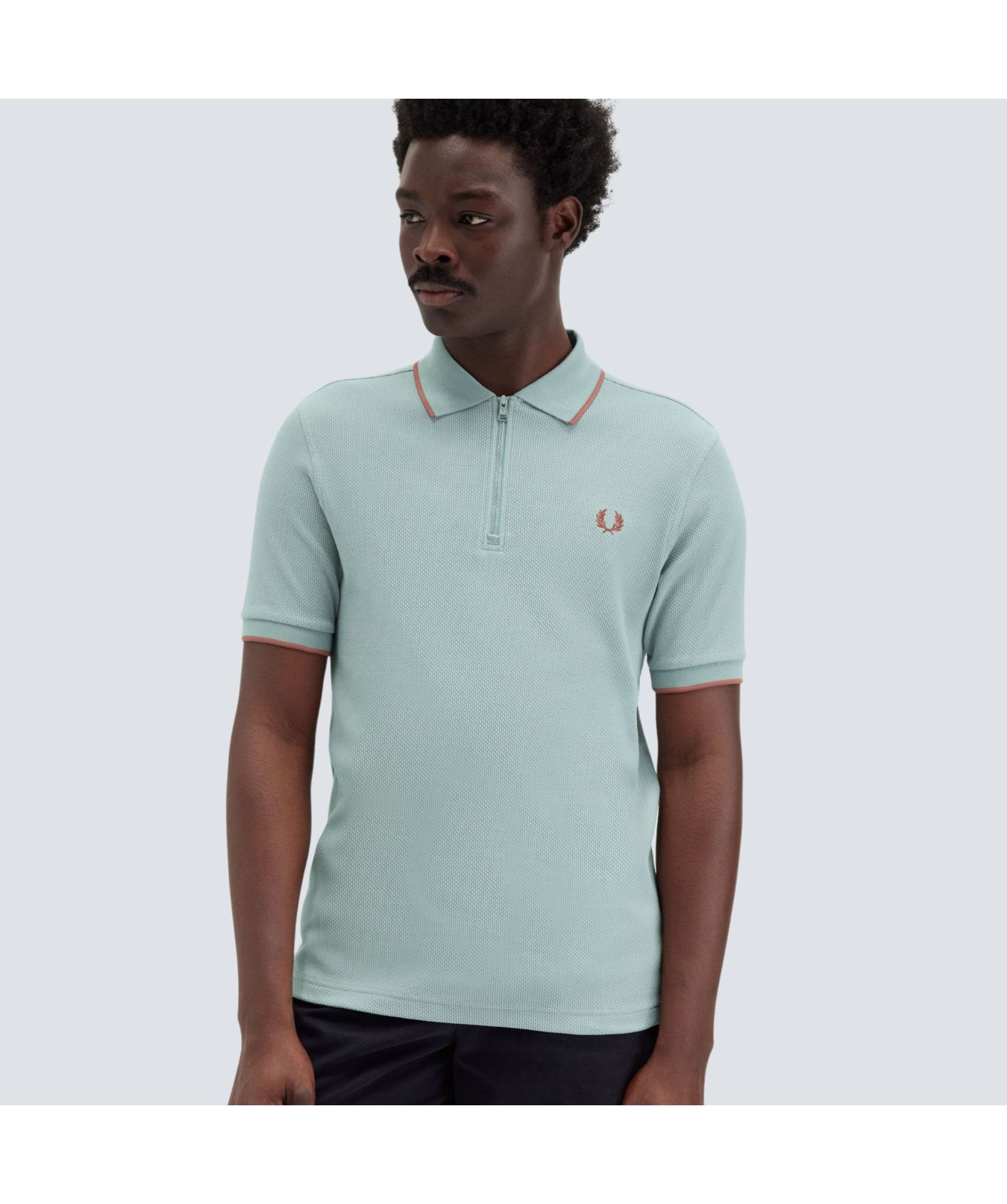 Fred Perry Textured Zip Neck Polo Shirt | Black - M9882-102, Sage