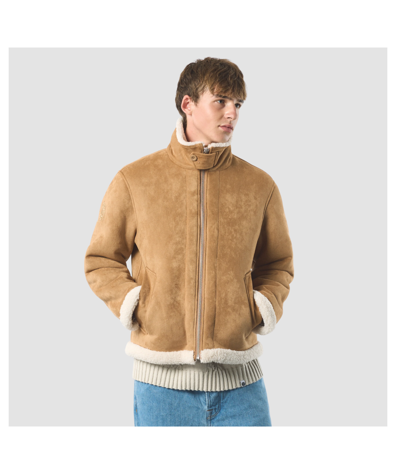 Pretty Green Aviator Jacket - Taupe Faux Shearling | Kular Fashion
