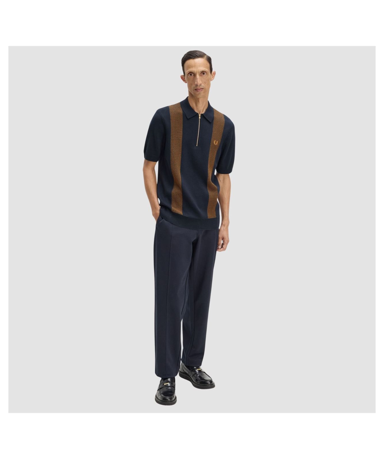 Men's Fred Perry Panel Detail Knitted Polo Shirt - Navy | Kular