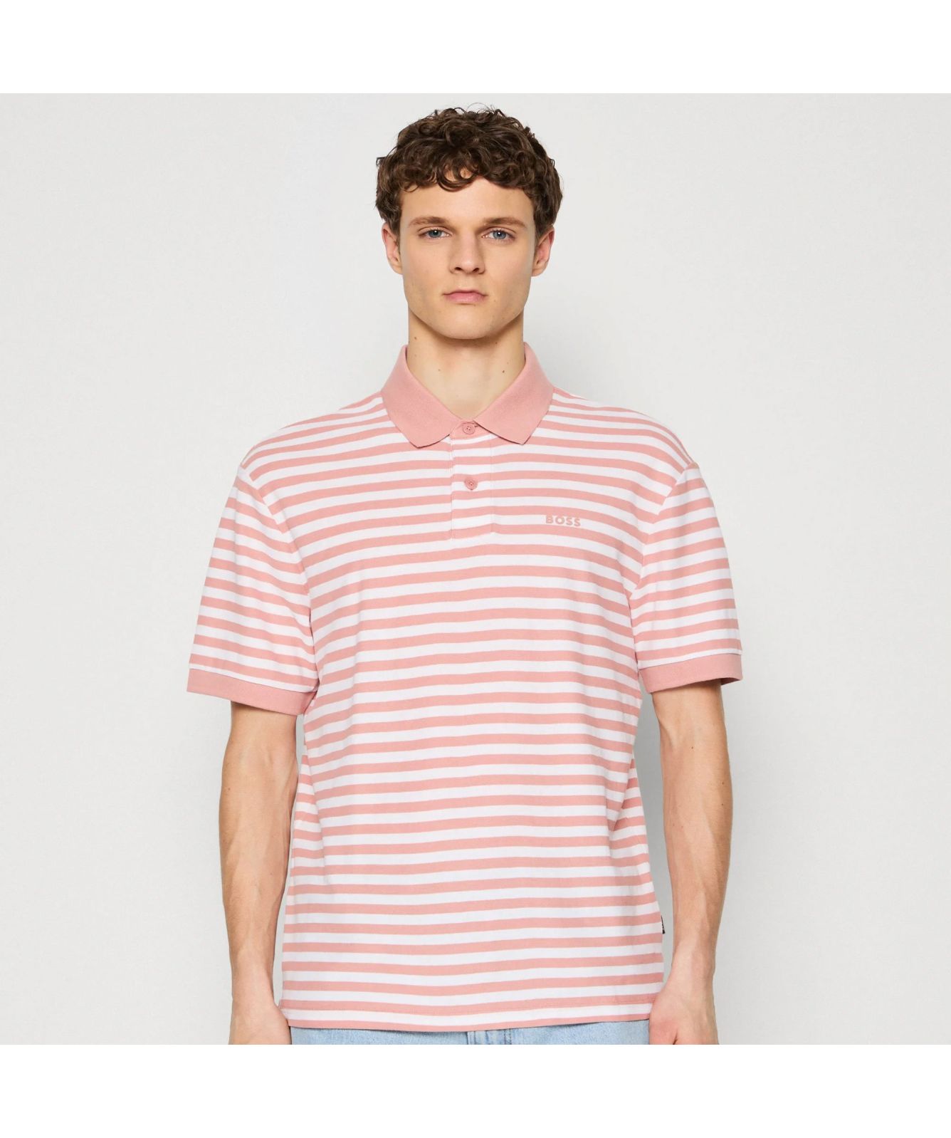 BOSS Cotton-Piqué Polo Shirt With Horizontal Stripe | Salmon Pink