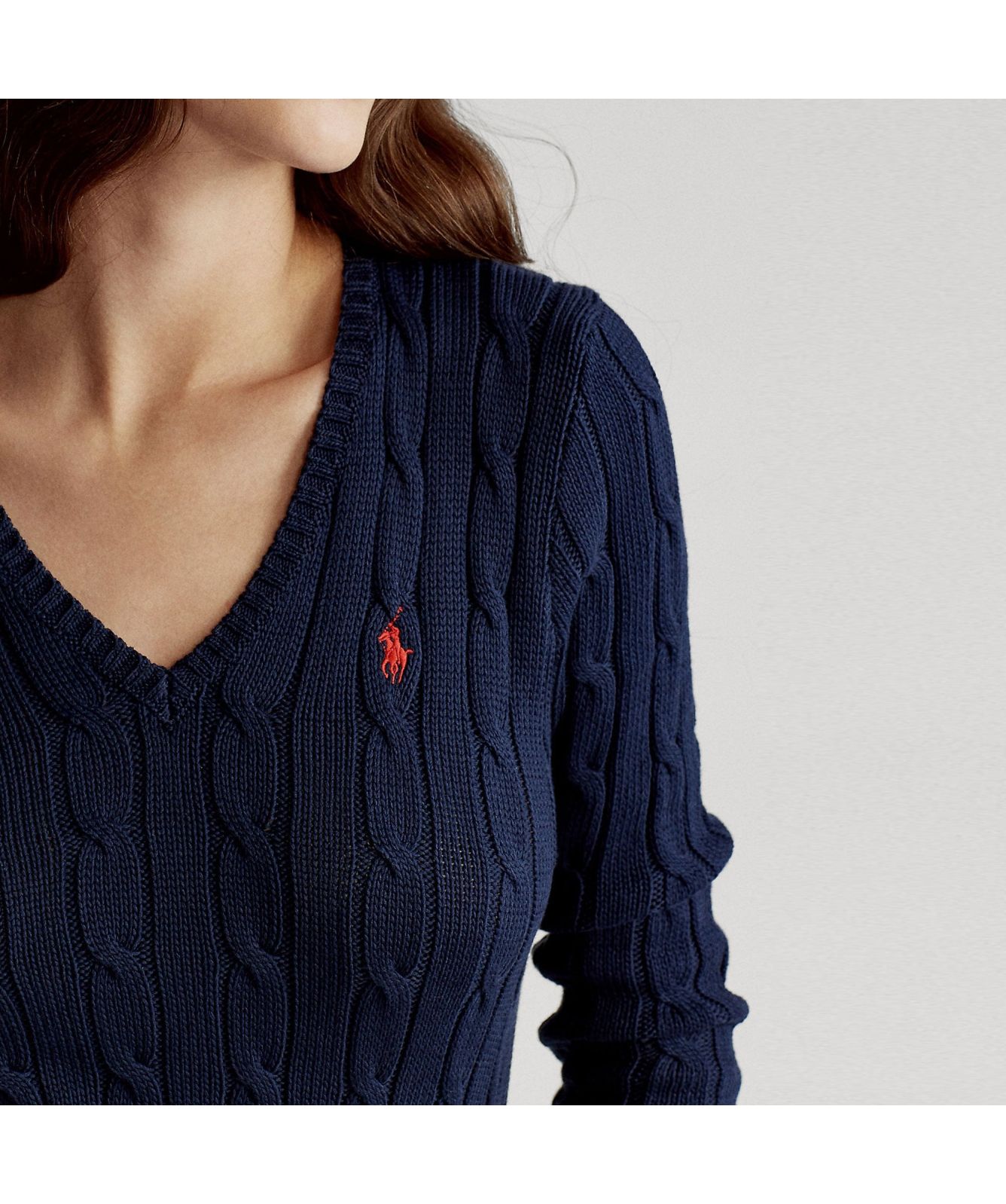 ★★POLO RALPH LAUREN★★ W Cable Knit V-Neck Sweater Navy W Polo Ralph Lauren Womens 100% Cotton Cable Knit V-Neck