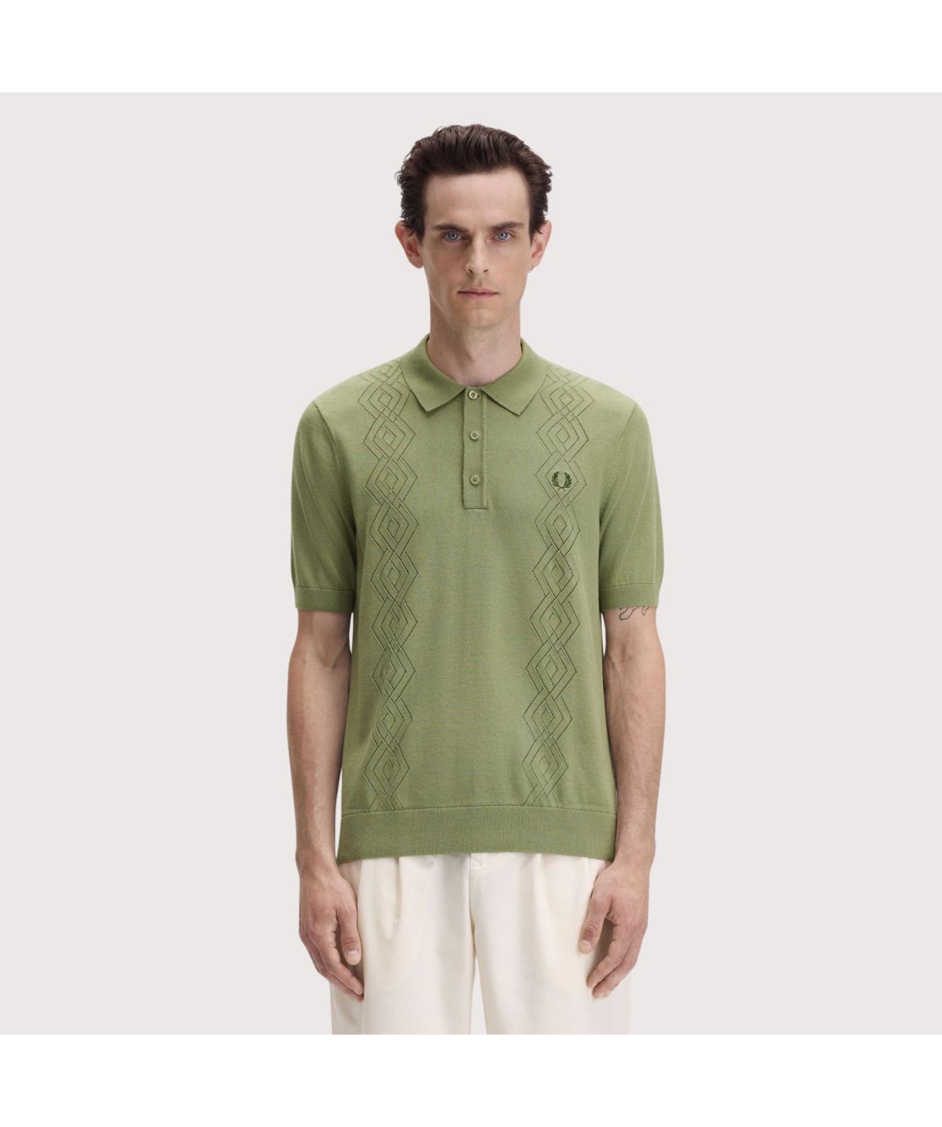 Fred Perry Pointelle Knitted Short Sleeve Shirt | Olive - K9749