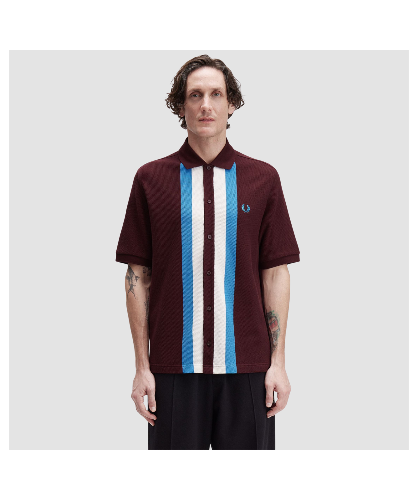 ◇FRED PERRY◇ Sharp paneled button through polo shirt Q20 A Fred Perry Panelled Button Through Polo Shirt | Oxblood