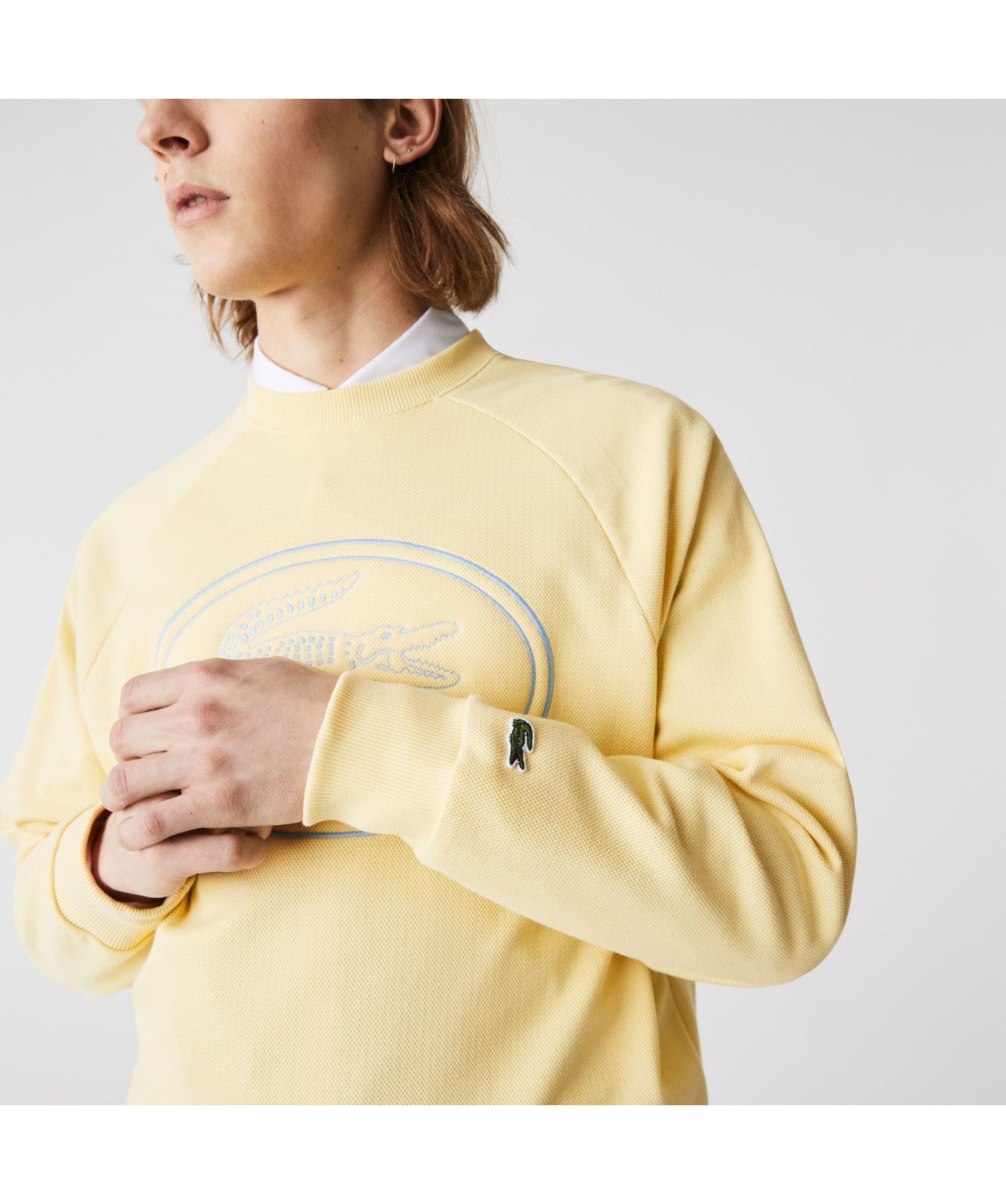 Lacoste Men's Crew Neck Embroidered Piqué Fleece Sweatshirt in Yellow