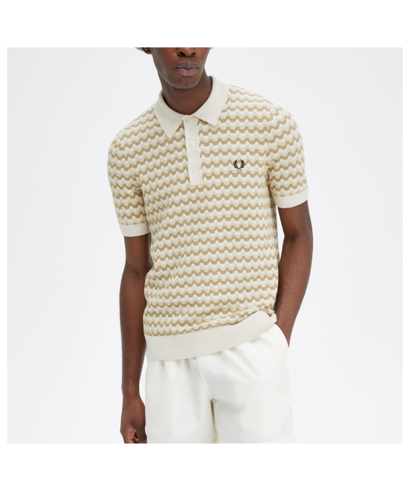 【FRED PERRY】Textured Front Knitted Shirt Fred Perry K1354 - 102 Mens Multi Texture Ls Knitted Shirt Black