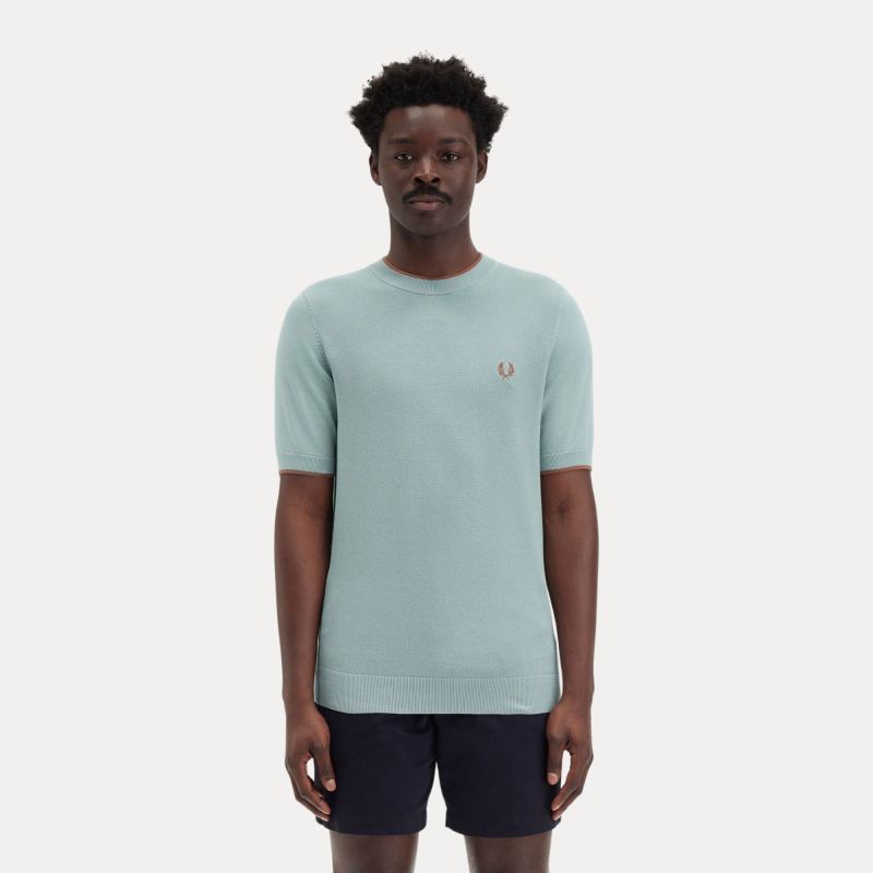 Fred Perry Textured Knitted Front Crew Neck T-Shirt | Sage-K7642