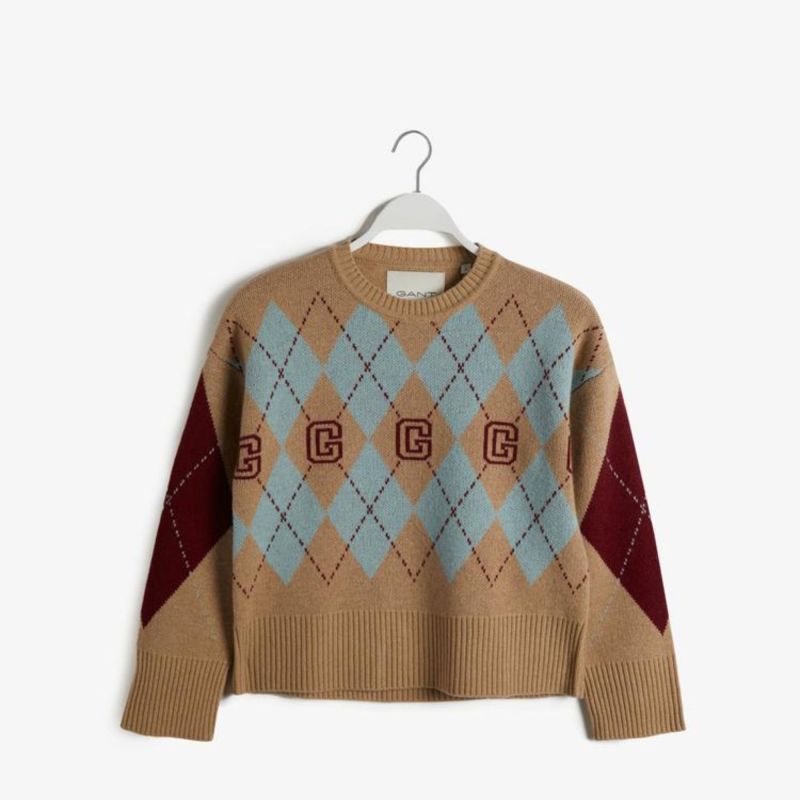 GANT Superfine Argyle Crew Neck Sweater | Khaki