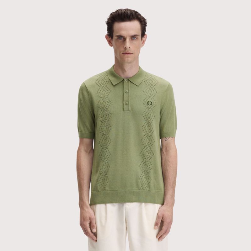 Fred Perry Pointelle Knitted Short Sleeve Shirt | Olive - K9749