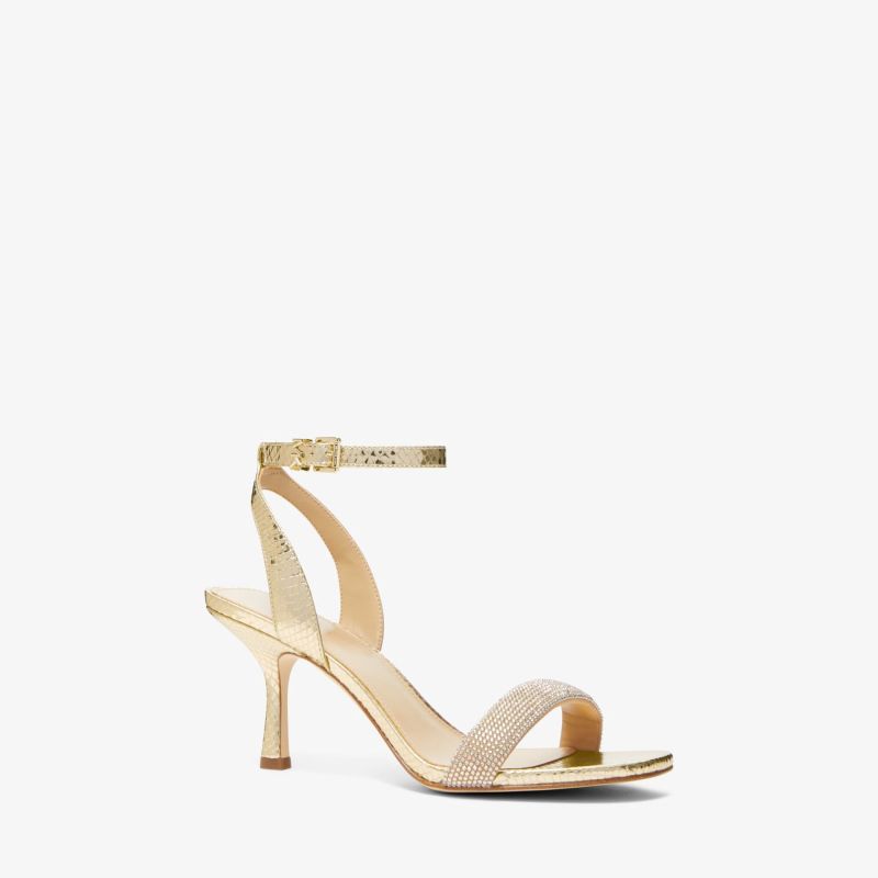 Michael Kors Carrie Embellished Metallic Snake Embossed Leather Sandal |  Gold