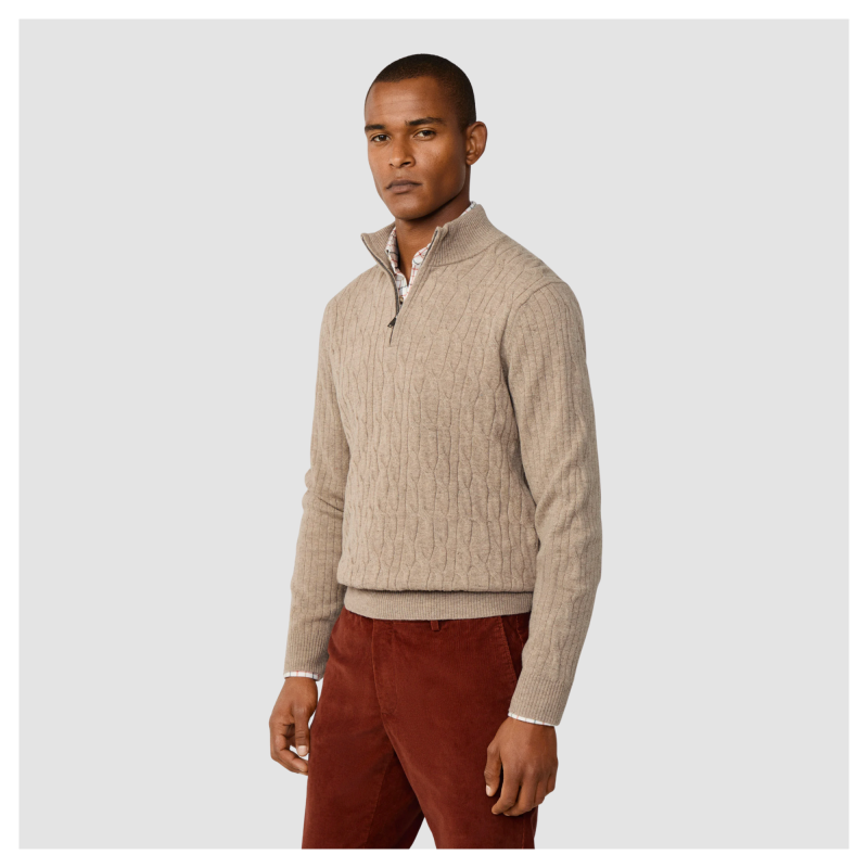 Hackett London Knitwear | Lambswool Cable Quarter Zip Jumper