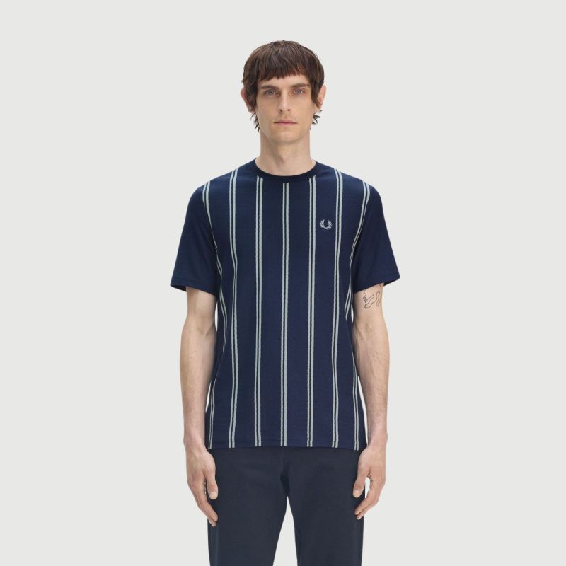FRED PERRY☆ Striped Crepe Pique T-Shirt TENNIS BLUE Fred Perry Striped Crepe Pique C Neck T-Shirt | Sage-M9867